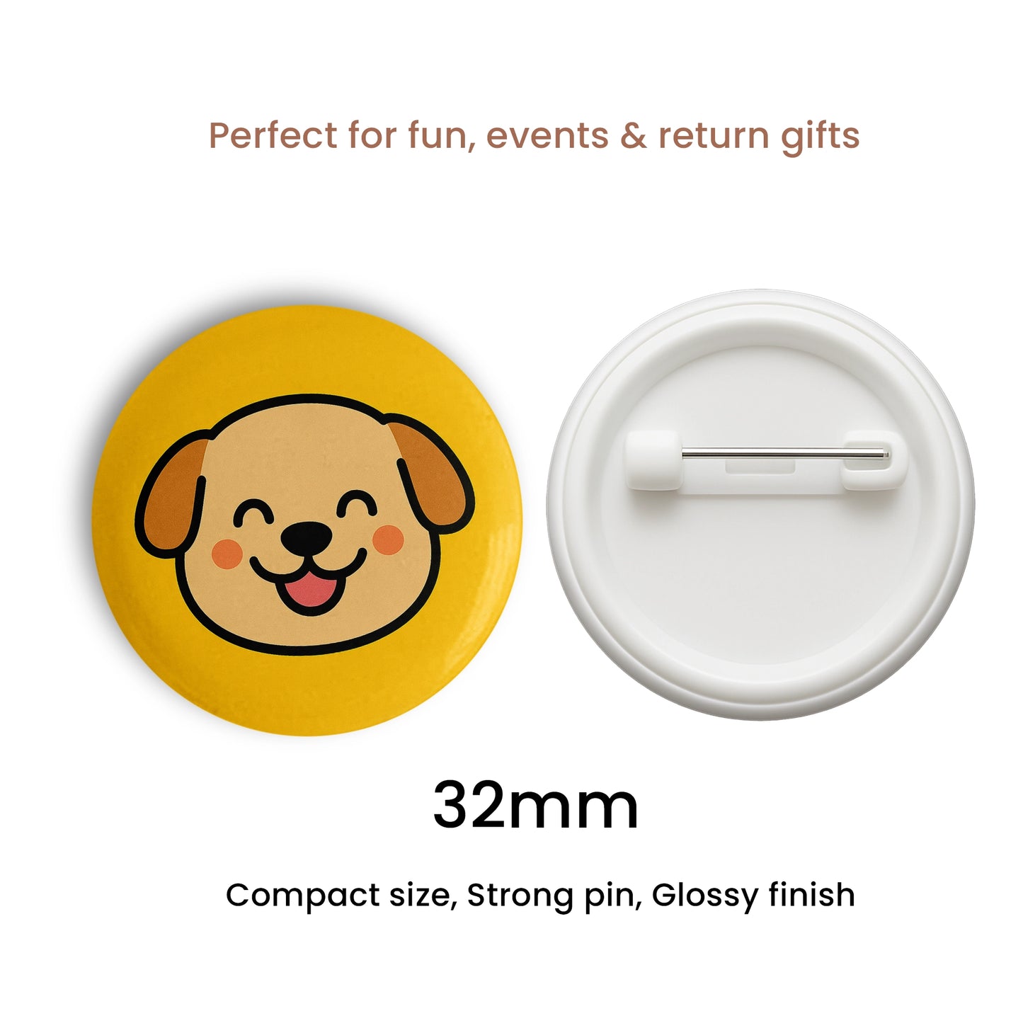 Cute Dog Face Pin Badge – Set of 5 (32mm Glossy Finish)