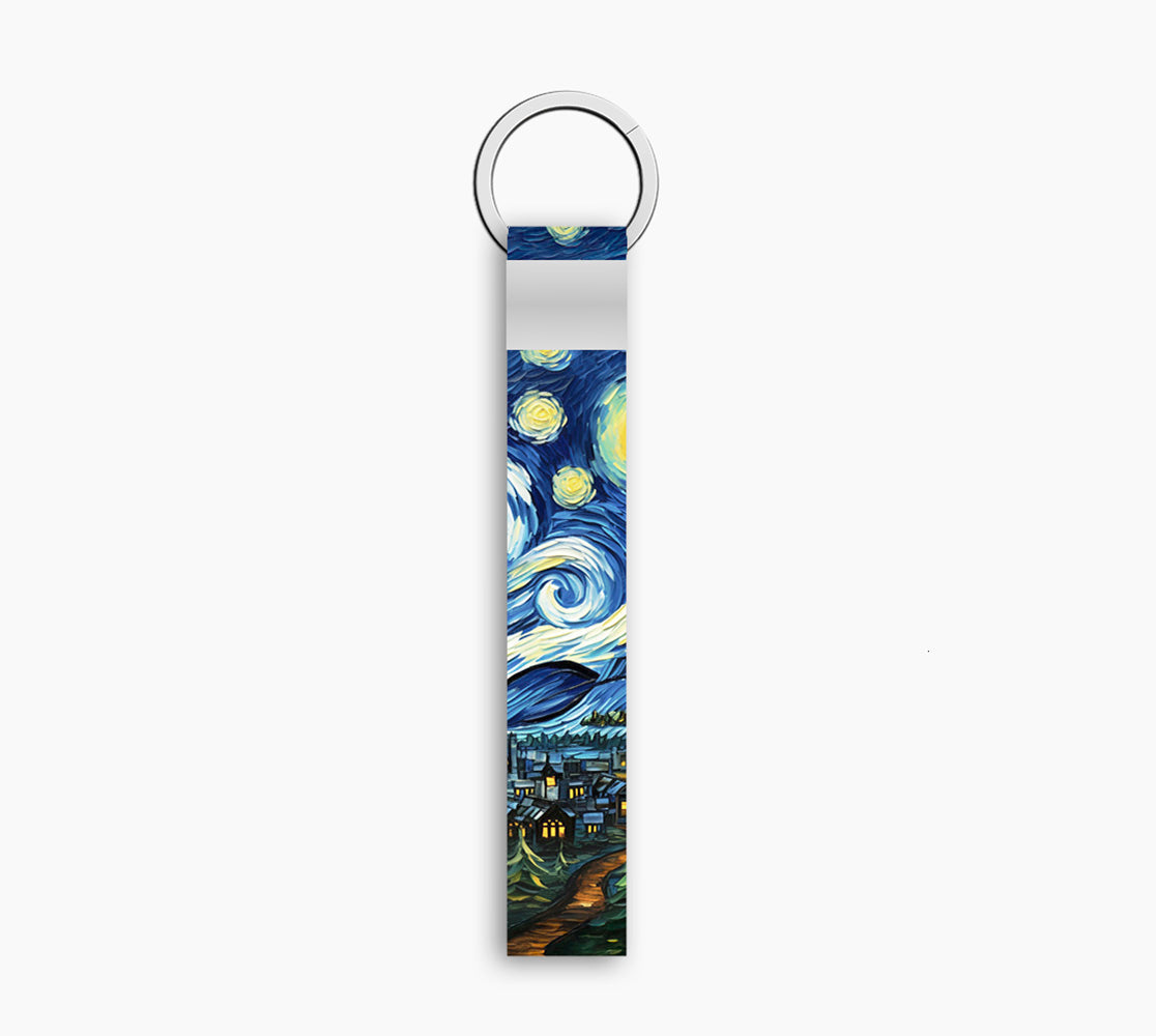 Starry Night Art Keychain Fabric Strap with Metal Ring