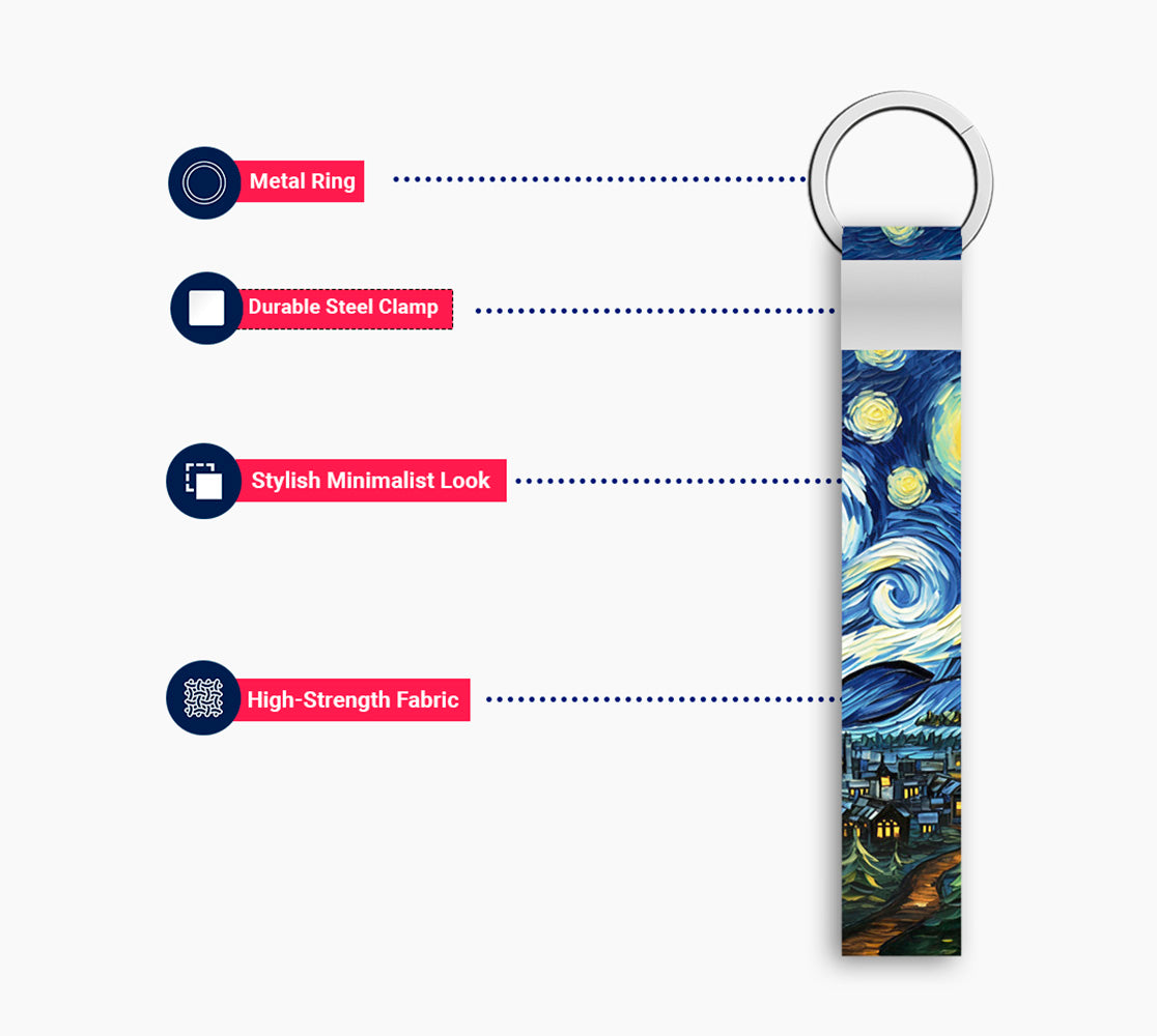 Starry Night Art Keychain Fabric Strap with Metal Ring