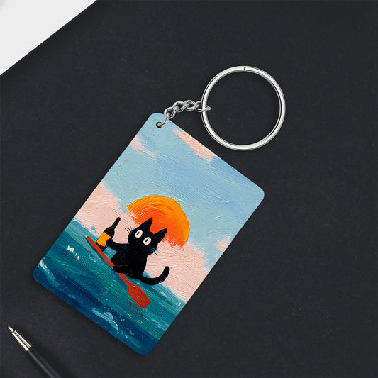 Surfing Cat Sunset Keychain